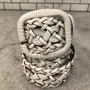Vintage White Leather Belt Womens Large Braided Wide Woven Wrapped Buckle Boho